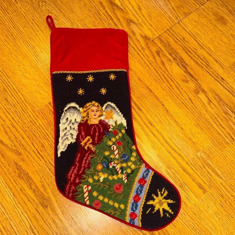 VINTAGE Beautiful Red Needlepoint Christmas Holiday Seasonal Stocking Angel